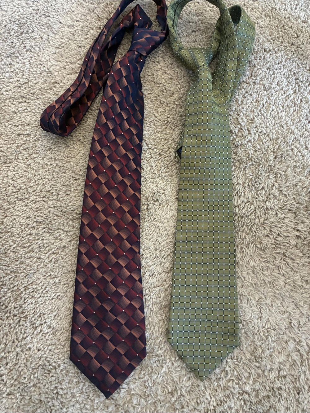 John Ashford Two-Piece Men's Tie Set — Olive Green & Burgundy Patterned Neckties